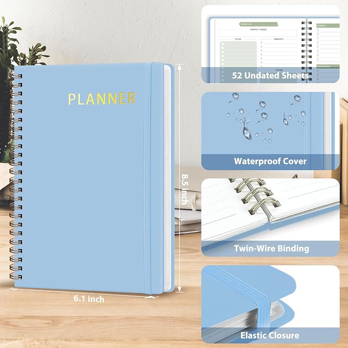 Undated Weekly Planner, Weekly To Do List Notebook, A5 Daily Planner | Office School Supplies, Spiral Binding, Inner Pocket, Goal, Organizer, Habit Tracker
