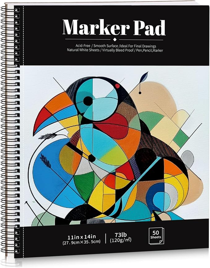 50 Sheets Marker Paper Pad, 11×14 Inch Bleedproof Art Sketch Pad, 73lb/120gsm Drawing Paper Spiral Sketch Book, Painting Coloring Alcohol Marker Paper for Beginners, Artists, Ideal Gift