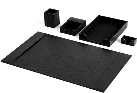Sayglossy 5 Piece Leather Desk Pad Set with Side Rails 30"x18" Desk Blotter Protector, Letter Tray, Pen Cup, Sticky Note Clip, Name Card Holder, Executive Office Organizer Accessories Workplace(Black)