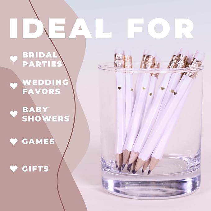 Heart Pencils for Baby Shower Games and Bridal Shower Games, Mini Pencils, Small Pencil Set For Game Prizes, Bridal Pens (White / Gold)