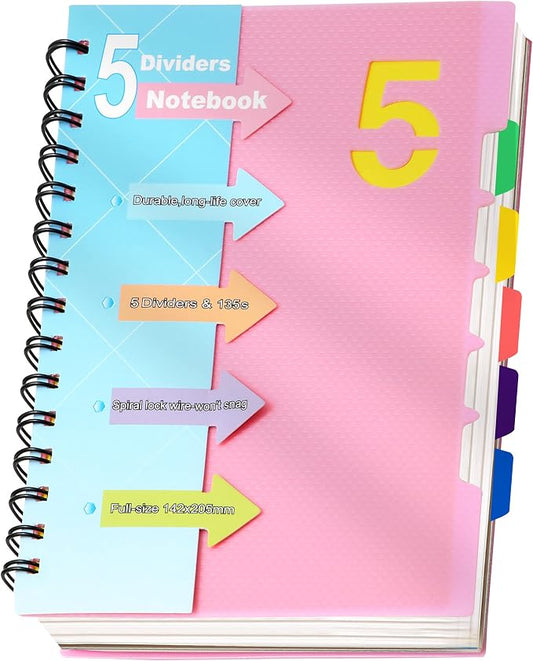 CAGIE 5 Subject Notebook, Small Spiral Notebook with Tabs, 6'' x 8'' | Removable Dividers, 180° lay-flat, Portable, College Ruled, 240 Pages Note book, for School Work, Pink