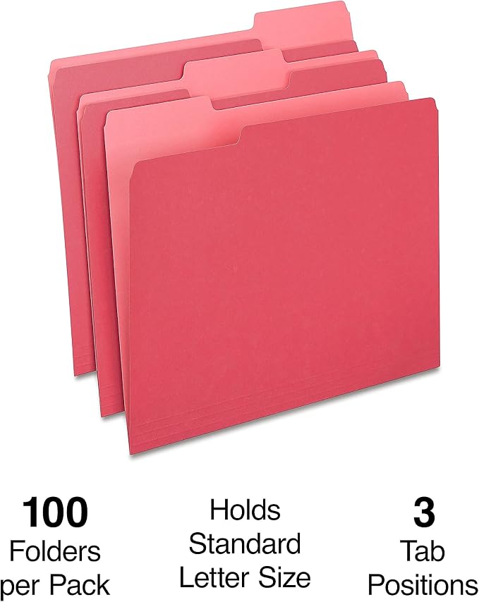 Staples File Folder, Letter Size, 1/3‑Cut Tab, Red, Durable Paper Stock, 200/Carton
