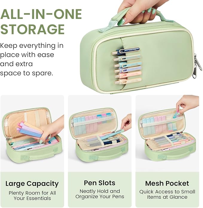 Cute Pencil Case With Supplies, 39 PCS Aesthetic Stationery Set with Pencil Pouch, 6 Black Ink Gel Pens, 12 Pastel Highlighters, 5 #2 HB Pencils, 4 Mechanical Pencils, Back to School Supplies - Green