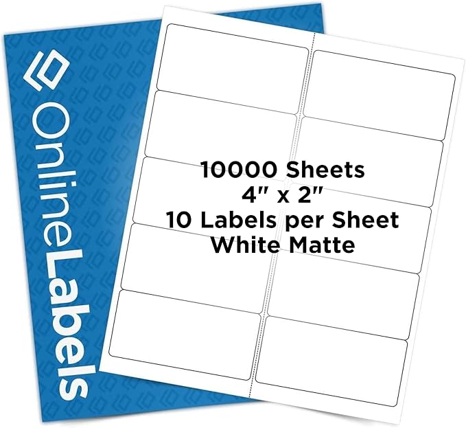 OnlineLabels 4" x 2" Rectangle Mailing Labels - White Matte - 10,000 Sheets | Permanent Adhesive, Blank Rectangle Labels, Inkjet and Laser Compatible, Ideal for Mailing & Address Labels