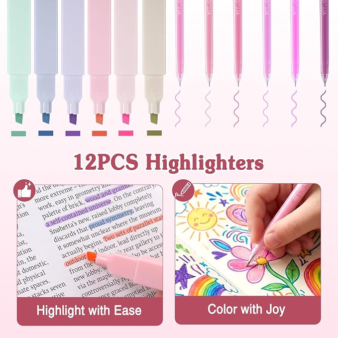 MoKo Pencil Case with Supplies, 49Pcs Aesthetic School Set, Pink | Includes gel pens, highlighters, 0.5 mm mechanical pencils and refills, an eraser, sticky notes and index tabs.