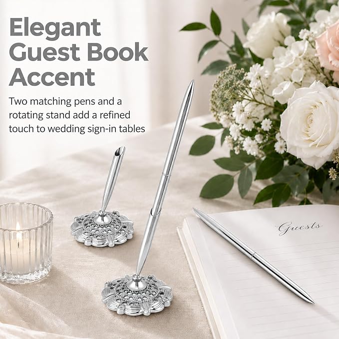 2 Pcs Gold Bridal Shower Pens for Guest Book with 360° Rotating Metal Pen Holder, Wedding Guest Book Signing Pen Set, Durable Metal Ballpoint Pens for Reception Table Decor