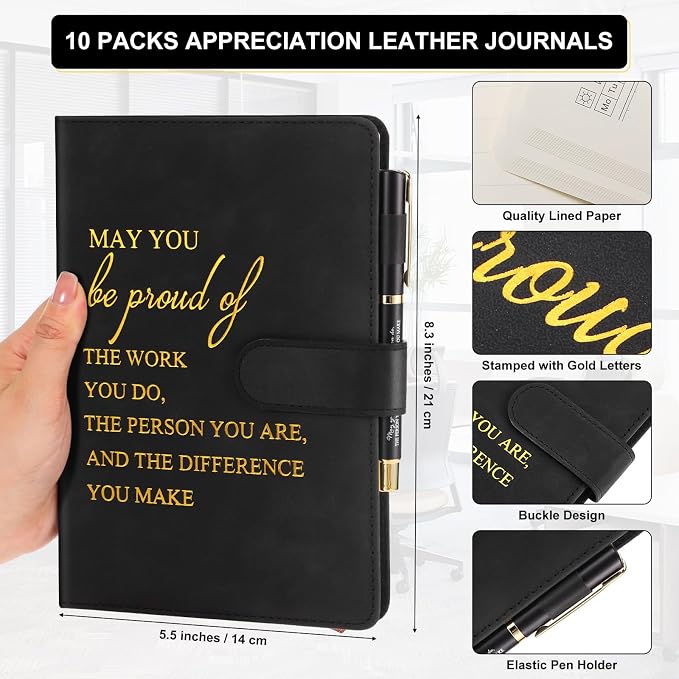 Kosiz 20 Pcs/10 Sets Employee Appreciation Gift Bulk A5 Leather Notebook Inspirational Journal Pen Thank You Gift for Men Women Coworker Teacher Office Back to School(Black,Proud)