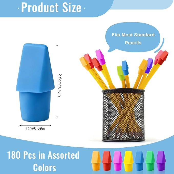 180 Pack Pencil Top Erasers, Erasers for Pencils, Assorted Color Pencil Cap Erasers Bulk for Kids, Students, Teachers, Classroom, School, and Office