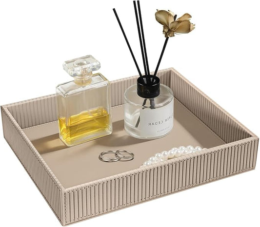 SITHON Valet Tray Desk Organizer PU Leather Catchall | Bedside Vanity Tray Nightstand Caddy Coin Box Key Jewelry Storage Organizer, Graduation, Stripe Latte