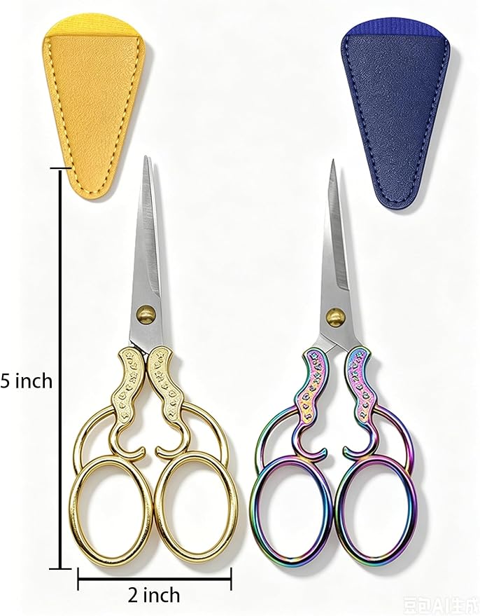 2 PCS Embroidery Scissors with 2 Covers, 5 Inch vintage Stainless Steel Sewing Scissors Sets, Decorative Handle Cutting Tool Suitable for Embroidery Thread, Paper, Yarn, DIY Projects Sewing Supplies