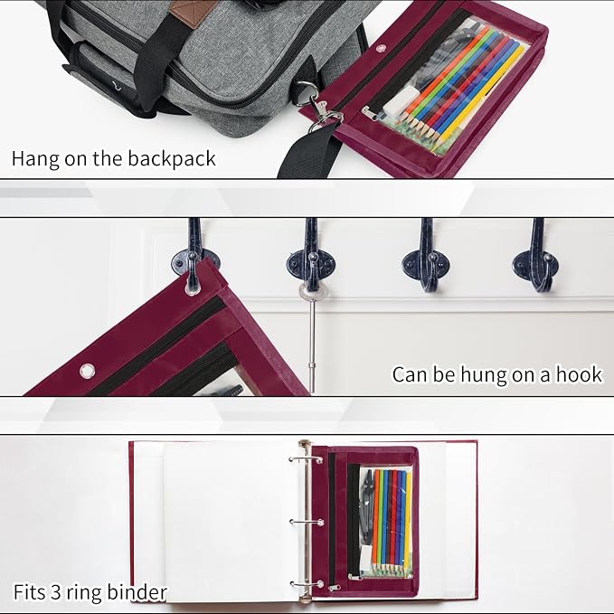 YoeeJob 2 Pack 1 Inch Expandable Zipper Pencil Pouches with Clear Window for 3 Ring Binder, Suitable for School & Office（Wine-red）