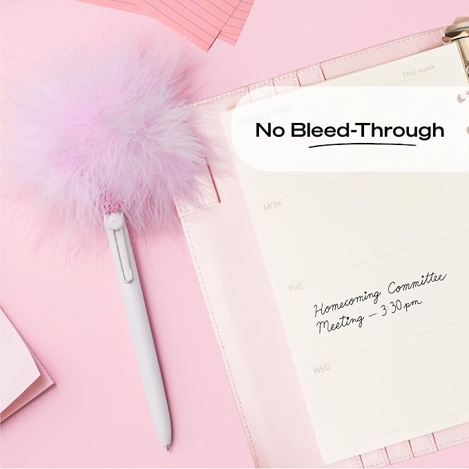 uniball™ The Elle Pen Set, Zento Gel Pens with Pink Puff, Black Ink, 0.7mm Medium Point, Retractable, 4 Count, Smooth Writing, Quick-Drying, No Smear, Fashion Barrel Colors