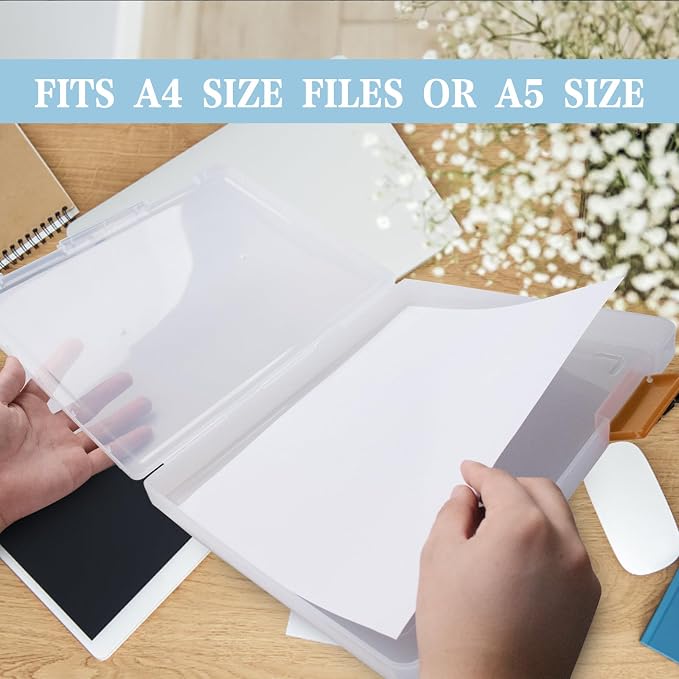 12 Pcs Clear A4 A5 File Box Document Plastic Storage Box with 48 Labels File Holder Organizer Paper Plastic Case Magazine Protector with Buckle Office School Supplies(Brown)