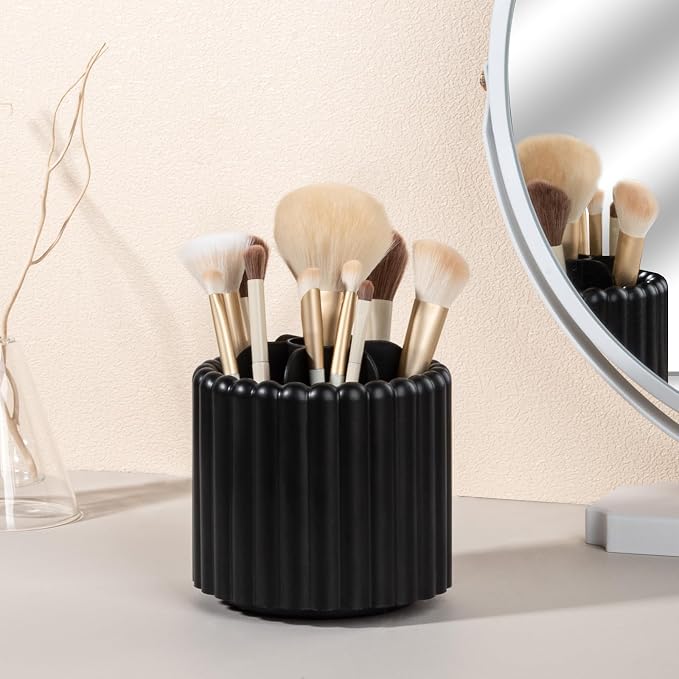 Rotating Makeup Brush Holder Organizer with Removable Dividers, Black | 7 Slots Make Up Brush Organizer 360 Spinning Cosmetic Storage Pen Holder for Desk, Vanity, Dresser