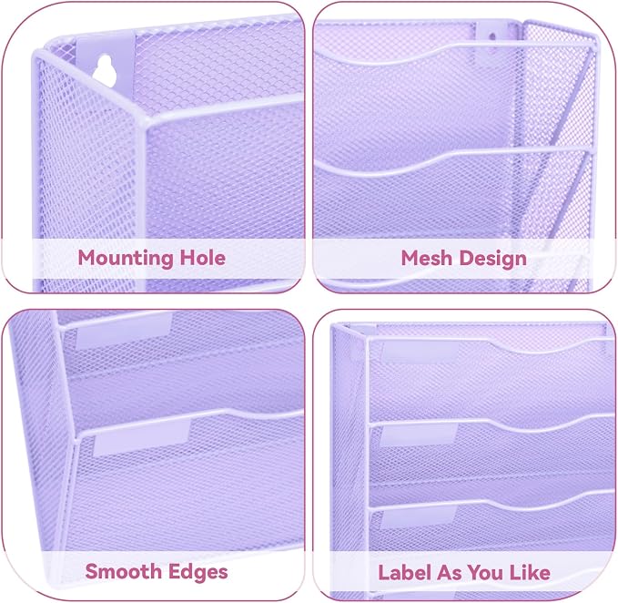 8 Pockets Mesh Wall File Holder Organizer Office Hanging File Folder Magazine Rack, Nametag Label Hooks Set Included (Purple)