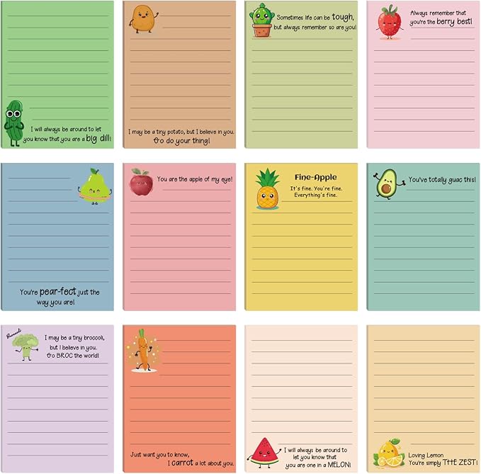 AmazingSpark 12 Pcs Cute Inspirational Sticky Notes, 4*3 Motivational Notepads Positive Emotional Support Gift Funny Lined Memo Note Pads for Office Desk Supplies Coworker Employee(Fruits,Vegetables)