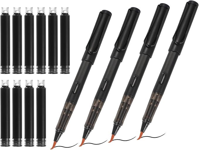 PATIKIL 4Pcs Calligraphy Brush Pens, Fountain Ink Brush Pen Refillable with 10Pcs Ink Refill for Writing Lettering Drawing Chinese Japanese Signature, Black