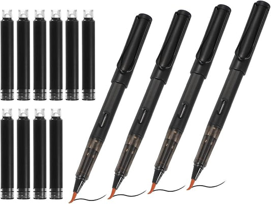 PATIKIL 4Pcs Calligraphy Brush Pens, Fountain Ink Brush Pen Refillable with 10Pcs Ink Refill for Writing Lettering Drawing Chinese Japanese Signature, Black