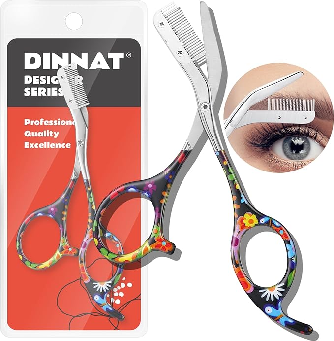 Eyebrow Scissors With Comb, Facial Grooming Scissors Kit, Professional Precision Eyebrow Trimmer Scissors,Perfect For Gifts For Women and Men (Black Flower)