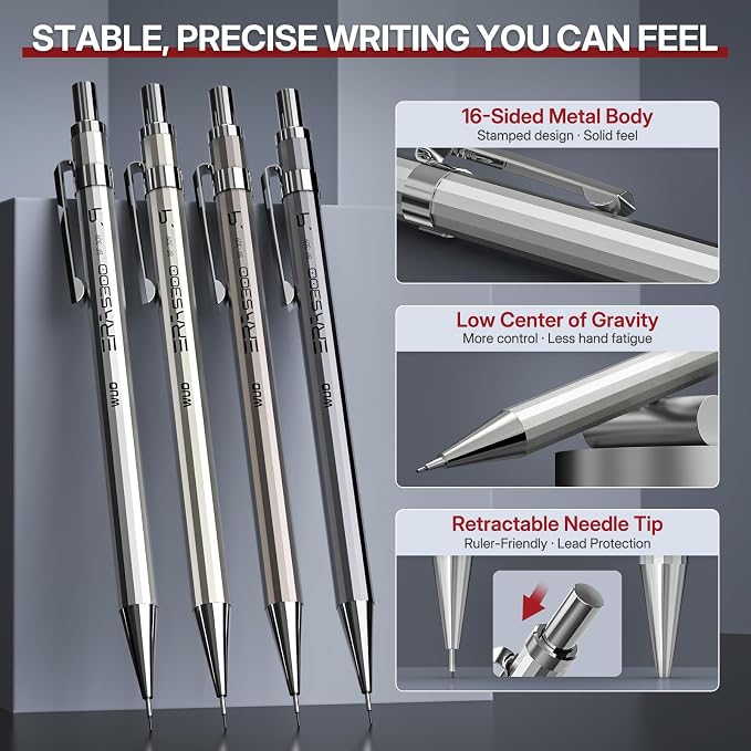 WUO 0.9mm Mechanical Pencil Set with Eraser Pen, 4PCS Metal Mechanical Pencils, 480 HB Lead Refills, 3PCS 4B Erasers, 10PCS Eraser Refills for Writing, Drafting, Drawing & Sketching