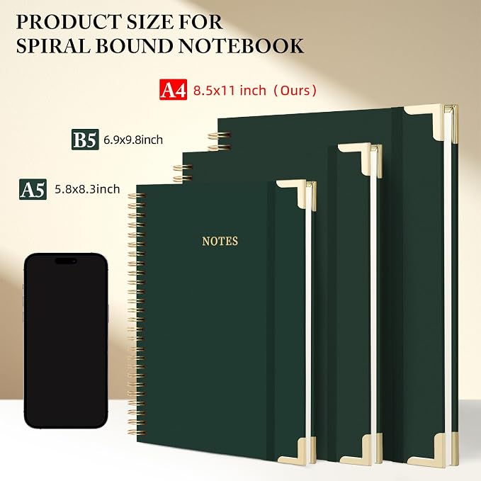 ALKALO A4 Large Spiral Notebook Journal, (8.5×11'') 100 Pages Linen Hardcover College Ruled Journaling For Work & Note Taking Thick Spiral Journal For Writing Daily Journal For Women & Men- Green