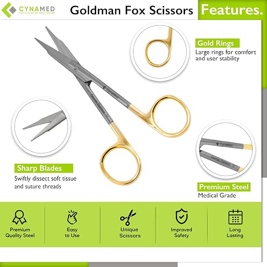Goldman Fox Scissor 13 cm - Super Cut Sharpness - Premium Quality German Stainless Steel - Gold Handles by Cynamed (Straight + Curved) …