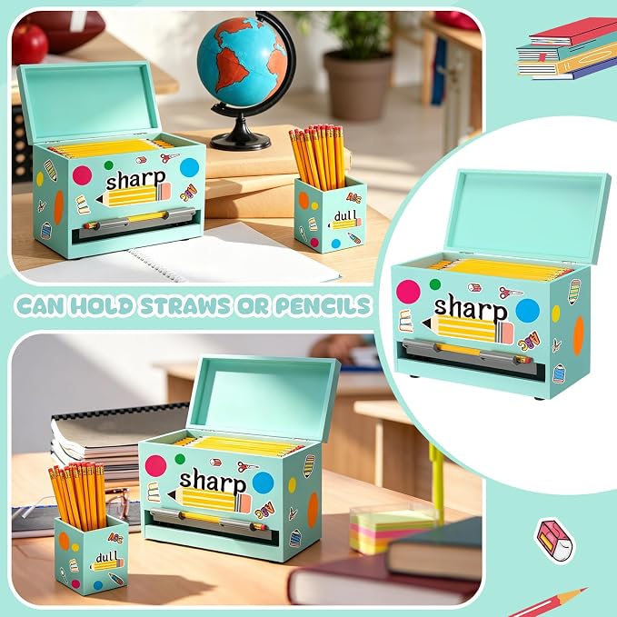 Mifoci Wooden Pencil Dispenser Kit for Classroom Wooden Pen Holder Straw Dispenser Sharp and Dull Letter Stickers for Teachers Classroom Supplies Storage(Light Green)
