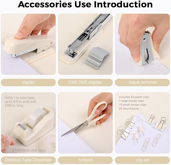 Office Supplies Set – All-in-One Desk Accessories Kit with Stapler, Tape Dispenser, Scissors, Clips & Remover, Cute Desk Organizer Set for Home Office, School & Workspace Organization