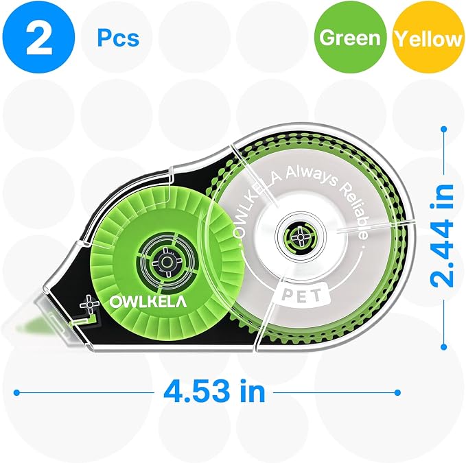 OWLKELA 2 Pack Plus Correction Tape, Tear-Resistant White Correction Tape, No Dry Time, Easy to Use, Office & School Supplies, 0.2 in Wide, 98.4 Ft, Yellow Core, Green Core