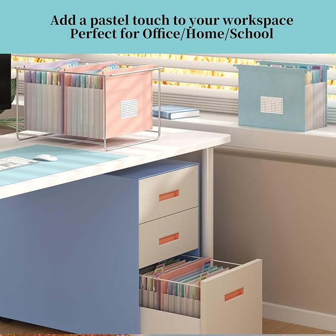 Expanding Hanging File Folders for Filing Cabinet, 7 Accordion Pockets, 1.2'' Expandable, Multi-Color Tabs, Letter Size, 50% Wheat Straw, 3 Pack (Pastel Pink)