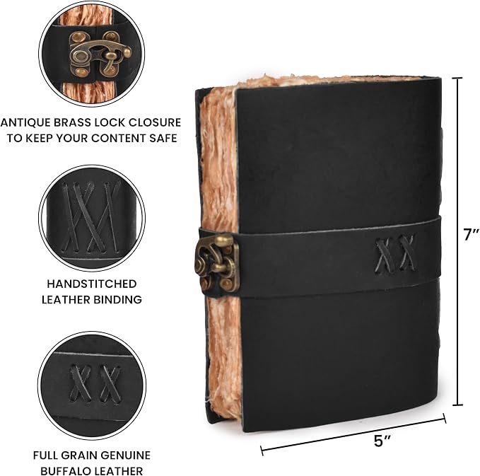 LEATHER VILLAGE Leather Bound Vintage Journal for Women & Men - Book of Shadows - Lock Closure - 200 Pages of Antique Deckle Edges Handmade Watercolor Paper - Rustic Black - 7X5 inches