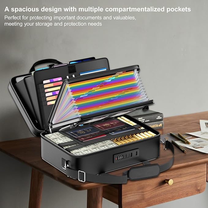 Tamfile Fireproof Document Box with Lock, Large Hard File Organizer, Black | Water Resistant, File Safe Box with 24 Colorful Pockets, Fire Safe Box for Important Documents, Valuables, Laptop, Passports