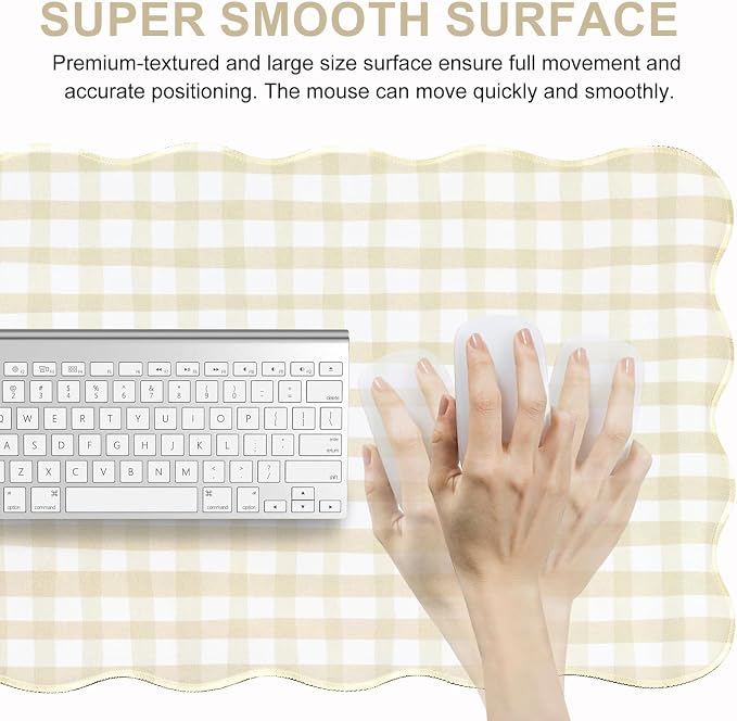 L-SPOUTTO Beige Checkered Mouse Pad,Scalloped Desk Mat XXL Large Geometric Gaming Mousepad,35.4x15.7in Non-Slip Rubber Base Keyboard Pad Waterproof Desktop Mat for Laptop Computer Game Home Office