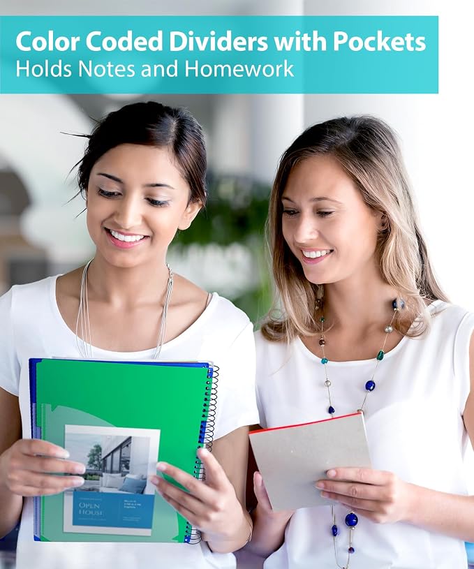 Dunwell 5-Subject Spiral Notebook, College Ruled (Blue), Colorful Movable Pocket Dividers with Tabs, Front/Back Plastic Covers, 200 Sheets (400 Pages) of 3-Hole Punch Perforated 8.5x11 Paper