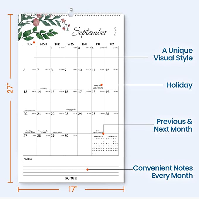 SUNEE 2026-2027 Wall Calendar Extra Large 17"x27", 21 Month July Calendar (Ends March 2028),Vertical Monthly for Wall, Greenery