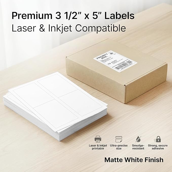 3.5" X 5" Matte White Printable Shipping Labels (100 Sheets, 400 Stickers) Mailing and Address Labels, Product Packaging Stickers for Laser & Inkjet Printers - Spartan Industrial Template R016