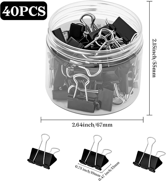 Temiary Binder Clips, Small Metal Binder Paper Clip Black 0.75 Inch, 40 Pcs | Paper Clamps with Clear Storage Container, Binding Paperwork Clamps for School Teachers Office Supplies