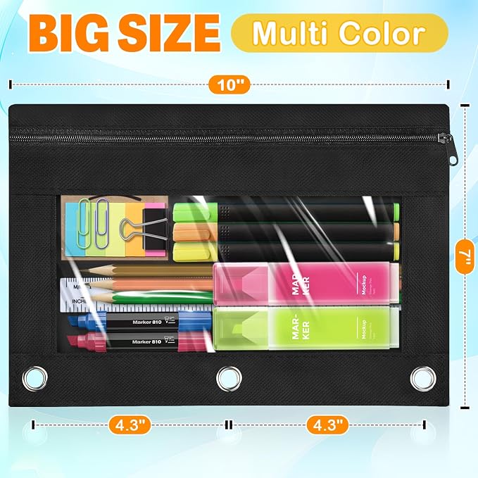 Pencil Pouch for 3 Ring Binder, 100 Packs Zipper Pencil Pouch Bulk in Black Colors, Pencil Case for Binder with Clear Window for School, Home and Office