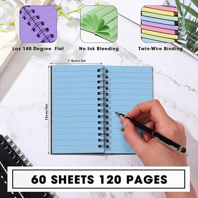 Jutom 10 Pcs Small Spiral Notebooks Memo Pads 3x5 Bulk Small Pocket Notepads Back to School Supplies Mini Notebook with Lined Mini Journals for Office & Work, 120 Pages (Black Cover 5 Color Page)