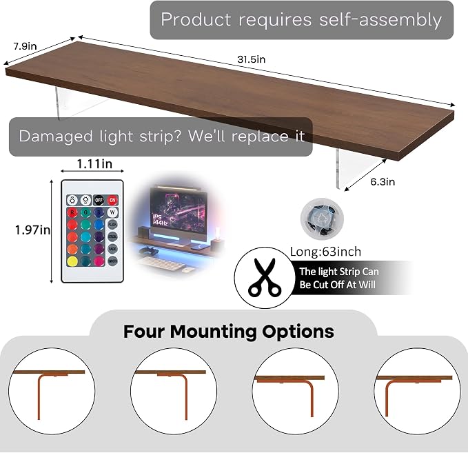 Monitor Stand Riser,Wood & Acrylic Computer Monitor Stand with LED Strip Light,Desk Accessories Desktop Organizer Stand for Computer,Laptop,Printer,PC & TV Screen