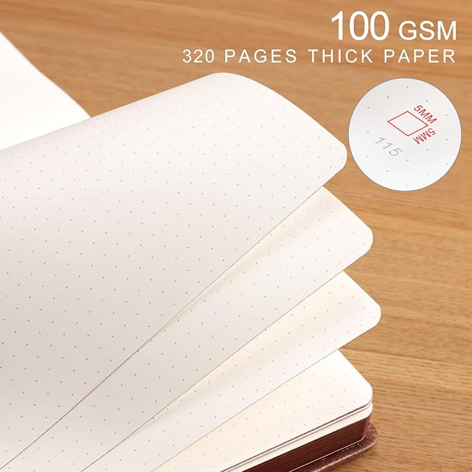 AHGXG Thick Dotted Notebook, 320 Numbered Pages, A5 (5.75'' X 8.38'') | Journal for Writing, 100gsm Dot Paper, Vintage Leather Hardcover, for Women Work Office School (Brown)