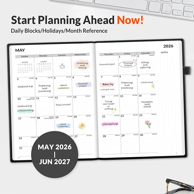 SUNEE 2026-2027 Weekly & Monthly Hardcover Planner 5.5" x 8.3" - 12 Month (July 2026 - June 2027), Small Academic Year Calendar Planner, Pocket, Notes, 100 GSM Paper, Black