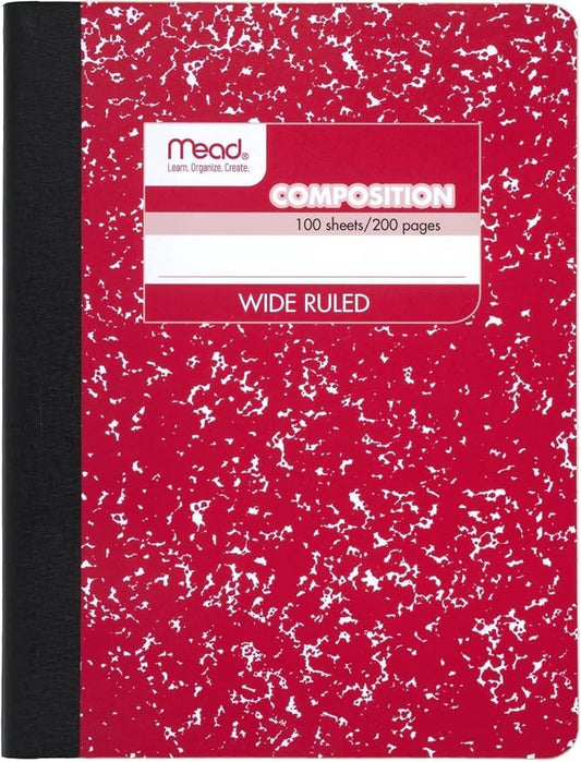 Mead Composition Notebook, Wide Ruled Paper, 7-1/2" x 9-3/4", 100 Sheets, Red Marble (09918AB5) (Pack of 12)