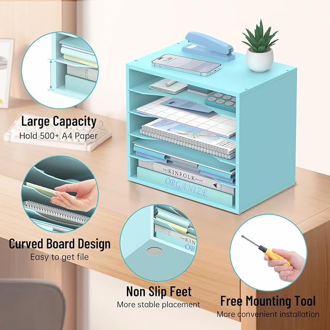 5-Tier Paper Organizer for Desk, Adjustable Mail Organizer, Blue | 5-Tier Paper Organizer and Mail Organizer for Desk with Adjustable Shelves for Letter Size Files Folders and Office Supplies