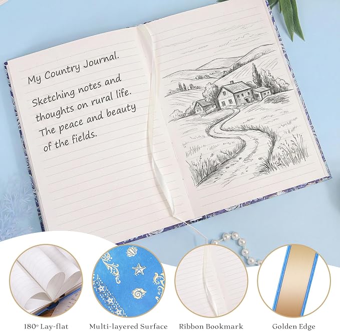 Hardcover Lined Journal - 224 Pages 100GSM Thick A5 Notebook with Gilded Edges & Gold Foil, Celestial Ocean Shells Mystic Diary for Women, Dream Journal