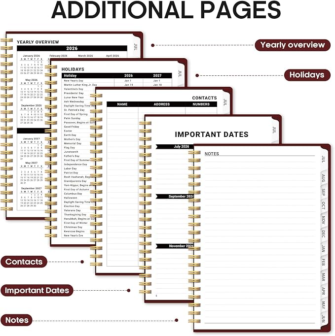 Planner 2026-2027, 6.3" x 8.5" Weekly and Monthly Academic Year Planner Calendar, July 2026 - June 2027, Hardcover Large School Planning Agenda With Tabs, Perfect for School & Office Supplies, A5, Burgundy