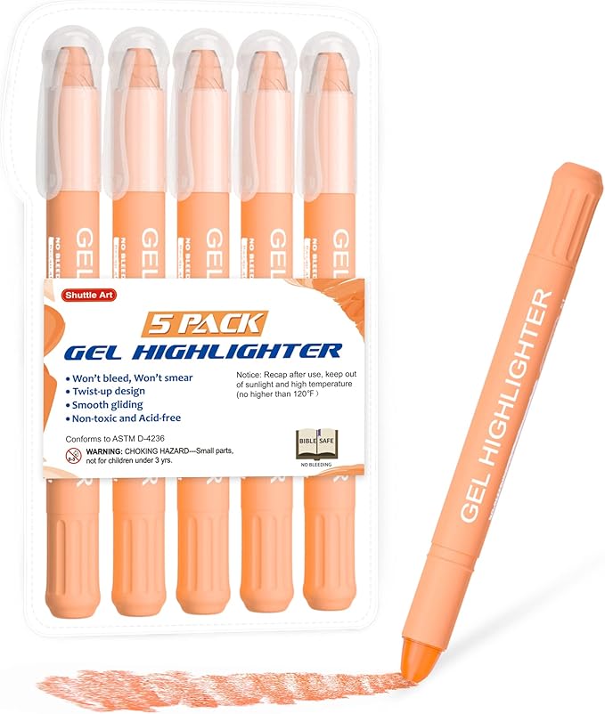 Shuttle Art 5 Pack Orange Gel Highlighters,Bible Highlighters,No Bleed Through, Bible Journaling Supplies,Great for Journaling, Highlighting and Studying