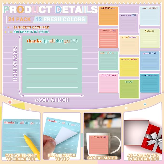 Yinder 48 Pcs Inspirational Sticky Notes, Back to School Supplies, Cute Motivational Sticky Notes Pad Employee Appreciation Gifts Bulk for Teacher Coworker Office 3 x 3'' (Appreciation,Light Color)