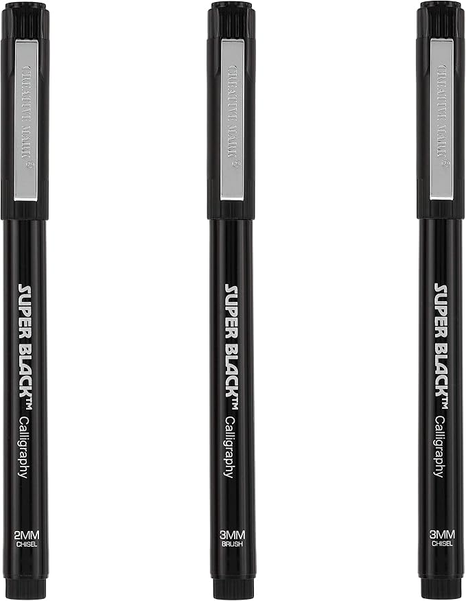 Creative Mark Calligraphy & Fineliner Pen Set of 3 Lettering & Calligraphy Drawing - Super Black, Permanent, Waterproof, & Acid-Free Chisel Nylon-Nibs Pens & Medium Brush Tip