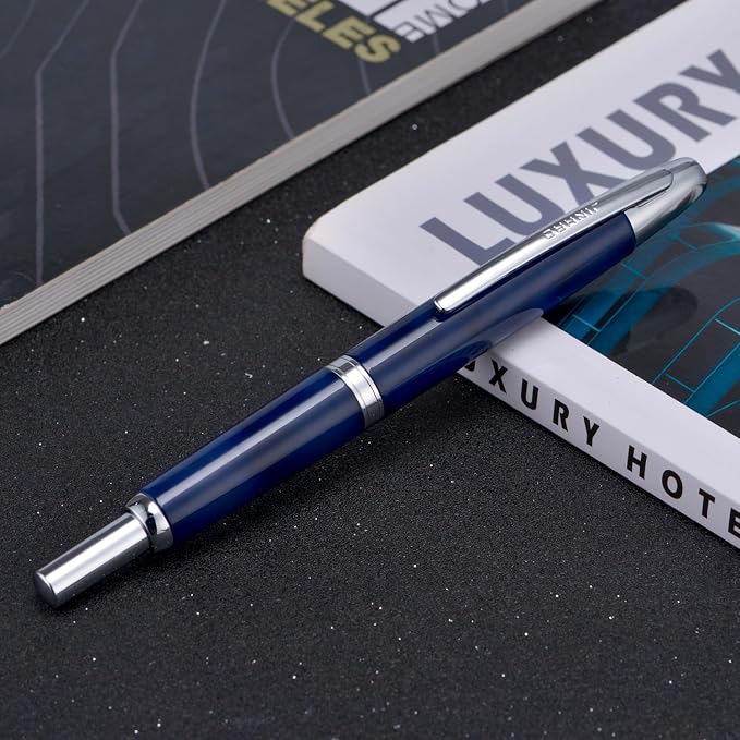 Jinhao 10 Press Fountain Pen with Box, Glacier Blue Retractable Medium Nib with Ink Converter Set (Silver Clip)